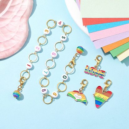4Pcs Rainbow Number DIY Knitting Tool Sets, including Alloy Enamel Pendant Stitch Markers and Beaded Knitting Row Counter Chains, with Brass Linking Rings