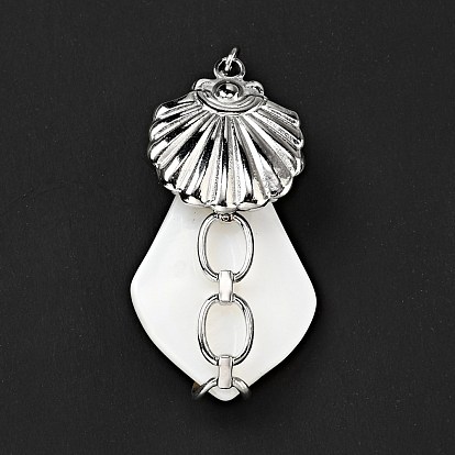 Natural White Shell Pendants, Teardrop Charm, with Stainless Steel Color Plated 304 Stainless Steel Shell Findings and Jump Ring