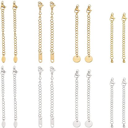 16Pcs 8 Style Stainless Steel Chain Extender, with Lobster Claw Clasps & Curb Chains