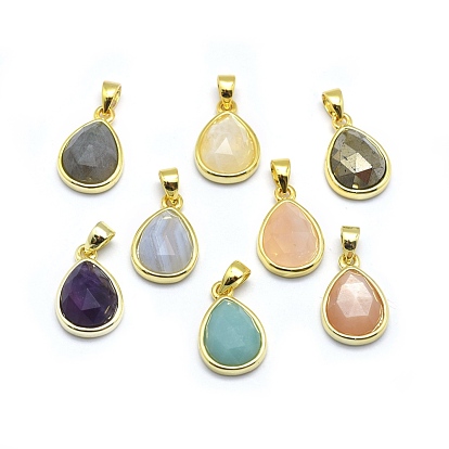 Natural Gemstone Pendants, with Golden Tone Brass Findings, Drop, Faceted