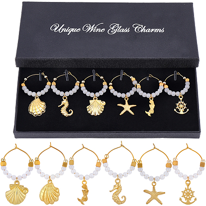 6шт. стеклянный бокал для вина, с подвесками из сплава и кольцами-шармами в виде бокалов для вина