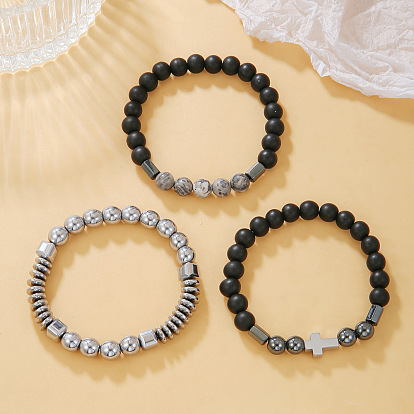 3Pcs 3 Style Synthetic Non-magnetic Hematite & Map Stone Beaded Stretch Bracelets Set, Cross Stackable Bracelets