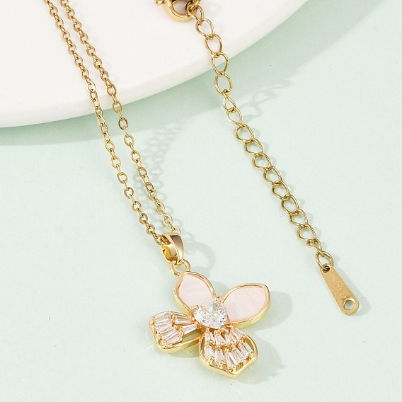 Латунный микропаве кубический цирконий пластиковая имитация ракушки кулон ожерелья, цветок, ионное покрытие (ip) 304 цепь из нержавеющей стали, стойки покрытие, для женщин