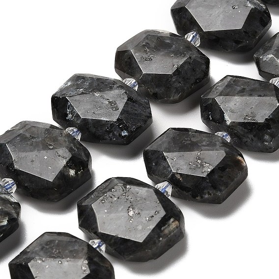 Натуральные нити бус из ларвикита, со стеклянными бусинами, граненые, прямоугольные