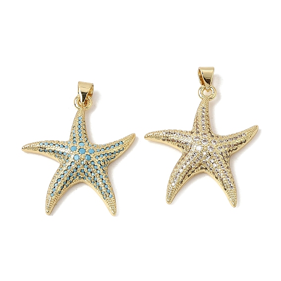 Brass Micro Pave Cubic Zirconia Pendants, Starfish Charms, Rack Plating, Long-Lasting Plated, Cadmium Free & Lead Free, Real 18K Gold Plated