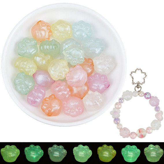 28Pcs 7 Colors Luminous Acrylic Beads, Glitter Beads, Glow in the Dark, Cat Paw Print