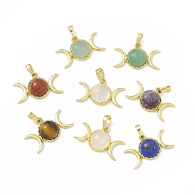 Natural Gemstone Pendants, Triple Moon Charms, with Golden Tone Rack Plating Brass Findings, Cadmium Free & Lead Free