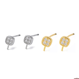 Rhodium Plated 925 Sterling Silver Stud Earring Findings, with Clear Cubic Zirconia, Square, for Half Drilled Beads, with S925 Stamp