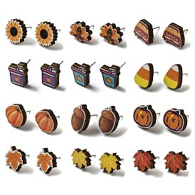 Wood Stud Earrings, with 316 Surgical Stainless Steel Pin, Thanksgiving Theme, Silver