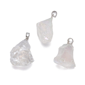 3Pcs Electroplate Natural Crystal Pendants, with Platinum Tone Alloy Snap on Bails, AB Color Plated, Nuggets