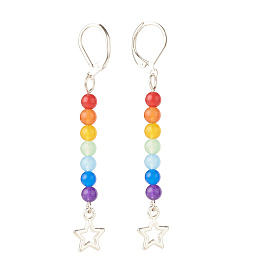Natural Malaysia Jade with Alloy Star Long Dangle Leverback Earrings, 7 Chakra Gemstone Jewelry for Women