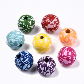 Printed Natural Wooden Beads, Round with Floarl Pattern