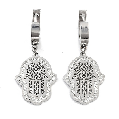 Hollow Hamsa Hand 304 Stainless Steel Dangle Earrings, Crystal Rhinestone Hoop Earrings for Women