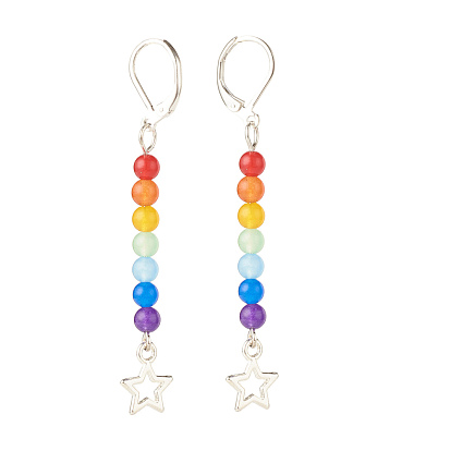 Natural Malaysia Jade with Alloy Star Long Dangle Leverback Earrings, 7 Chakra Gemstone Jewelry for Women