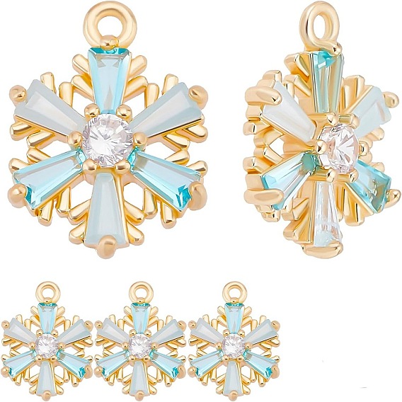 Brass Micro Pave Pale Turquoise Cubic Zirconia Charms, Snowflake, Nickel Free