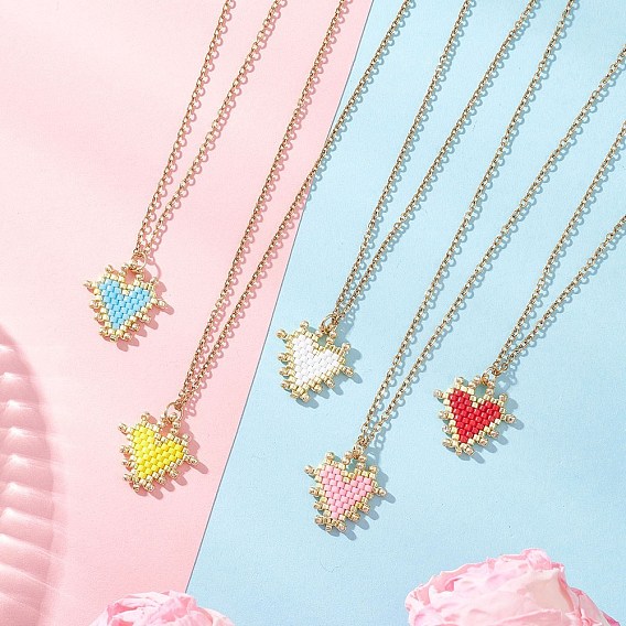 Кулон в форме сердца из стеклянных бусин ручной работы 304 Женские ожерелья из нержавеющей стали, разноцветные