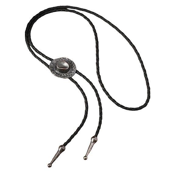 1Pc West Cowboy Hat Tibetan Style Alloy Pendant Black PU Leather Cord Bolo Tie Lariat Necklaces