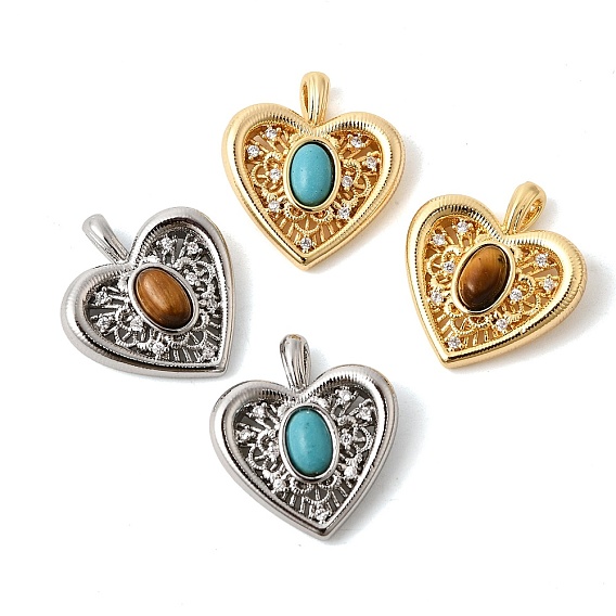 Подвески из натурального тигрового глаза и синтетической бирюзы, подвески в форме сердца с латунными микропаве из прозрачных кубических цирконий