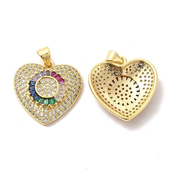 Brass Micro Pave Cubic Zirconia Pendants, Heart Charm, Golden