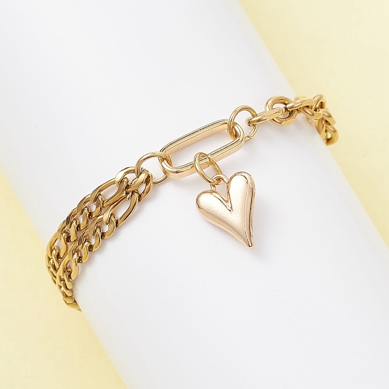 Браслеты шарма сплава сердца, 304 Браслеты из цепей из нержавеющей стали и цепей Фигаро для женщин
