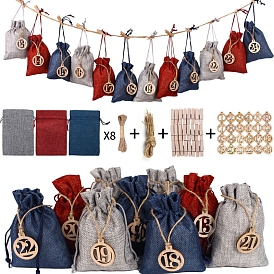 Drawstring Burlap Bags, with Wood Clips & Pendants, Hemp Rope