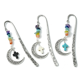 3Pcs 3 Style Crescent Moon Alloy Pendant Bookmark with Chakra Gemstone Chip & Cross, Flower Pattern Hook Bookmarks
