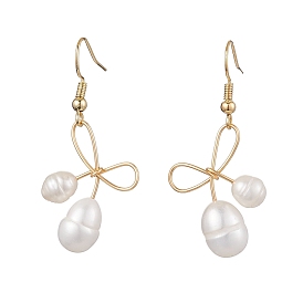 Bowknot Natural Freshwater Pearl Dangle Earrings, Brass Earrings for Women, Bowknot