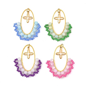 Oval Brass Pendants, with Glass Beads and 304 Stainless Steel Tiny Cross Charms, Golden