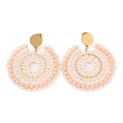 Плоские круглые серьги-гвоздики из плетеного стекла и латунных бусин с вакуумным покрытием PVD 304 штифты из нержавеющей стали