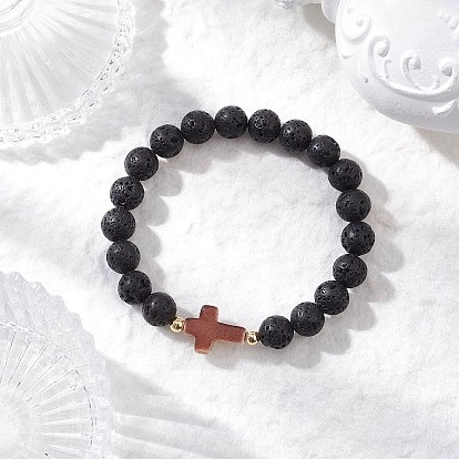 Браслеты из натуральной лавы и синтетической бирюзы для мужчин и женщин, крест и круглый