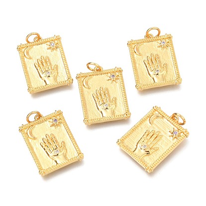 Brass Micro Pave Clear Cubic Zirconia Pendants, with Jump Rings, Rectangle with Hand & Moon & Star