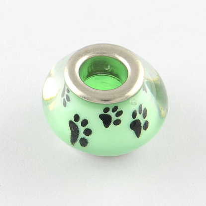 Large Hole Dog Paw Prints Pattern Resin European Beads, with Silver Color Plated Brass Double Cores, Rondelle, 14x9~10mm, Hole: 5mm