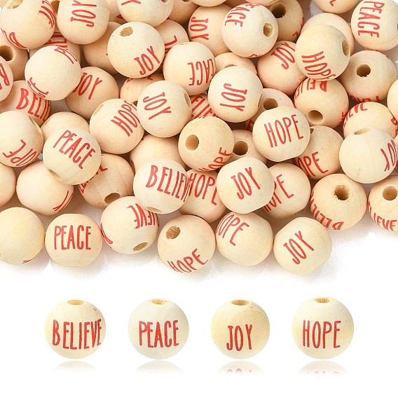 80Pcs 4 Styles Printed Wood Beads, Round with Word
