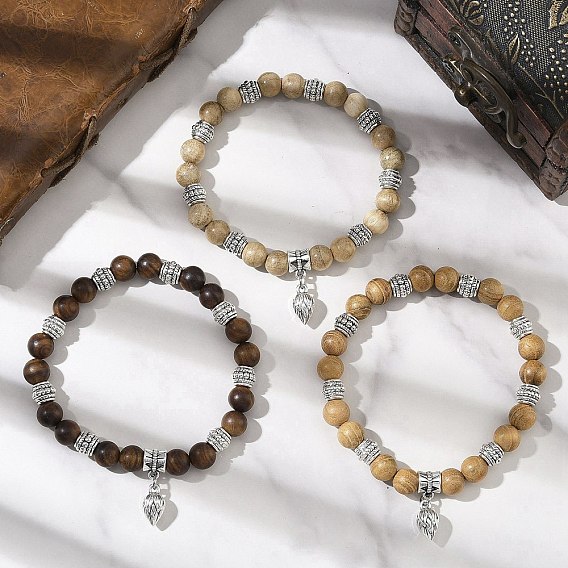 3Pcs 3 Colors Flower Alloy Charm Bracelets, Natural Wood Round Beaded Stretch Bracelets for Men Women