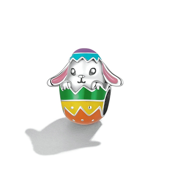 Sterling Silver European Beads, Large Hole Beads, with Colorful Enamel, Easter Egg with Rabbit