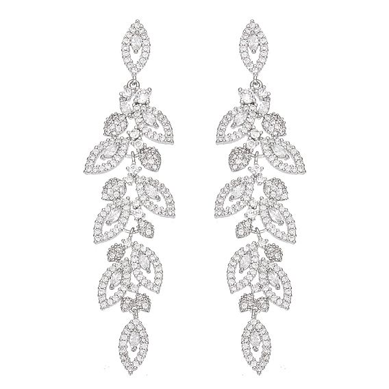 1 пара латунных сережек-гвоздиков, Женские серьги-кластеры с прозрачными листьями кубического циркония