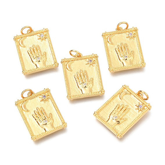 Brass Micro Pave Clear Cubic Zirconia Pendants, with Jump Rings, Rectangle with Hand & Moon & Star