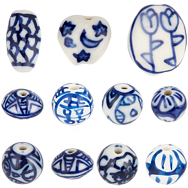 40шт 11 стили фарфоровые бусины ручной работы, белый и голубой фарфор, баррель