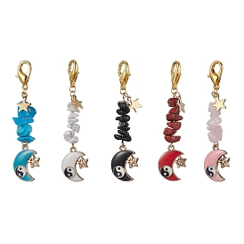 Moon & Star Alloy Enamel Pendants Decoraiton, Natural & Synthetic Gemstone Chip Beads and Lobster Claw Clasps Charm