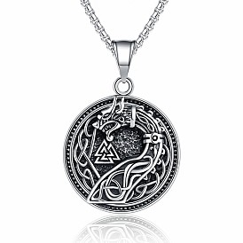 Vintage 304 Stainless Steel Viking Flat Round with Embossed Dragon Pendant Necklaces for Men