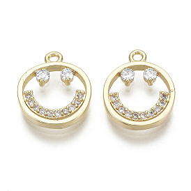 Brass Micro Pave Clear Cubic Zirconia Charms, Nickel Free, Flat Round with Smiling Face