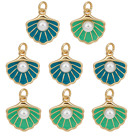 8Pcs 2 Colors Brass Enamel Pendants, Shell Shape Charms with ABS Imitation Pearl Beads and Jump Rings, Rack Plating, Cadmium Free & Lead Free, Long-Lasting Plated