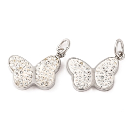 304 Stainless Steel Pendants, with Polymer Clay Crystal Rhinestone and Jump Rings, Butterfly Charm