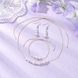 Комплект из ожерелья, браслета и сережек с круглым жемчугом, с нейлоновой нитью, Латунные крючки для сережек