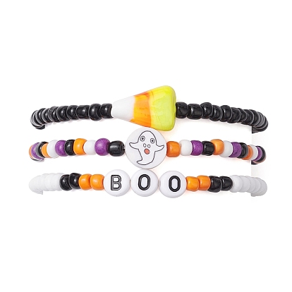 3Pcs 3 Styles Halloween Handmade Lampwork & Glass Seed Beaded Stretch Bracelet Sets, Candy Corn & Ghost Stackable Bracelets for Women Men