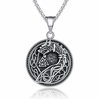 Collares vintage de acero inoxidable con colgante de dragón redondo plano vikingo en relieve para hombre