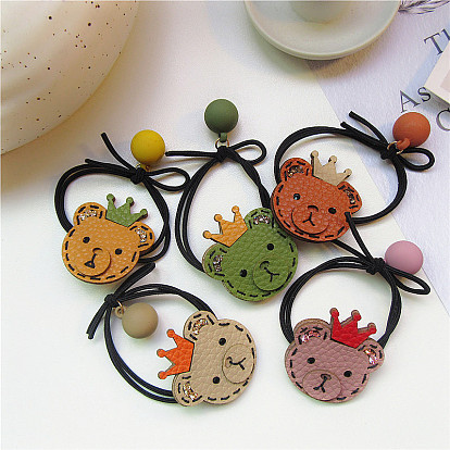 Cute Bear Crown Pendant Elastic Hair Band - Leather, Rhinestone, Ball, Children's Hair Accessories.