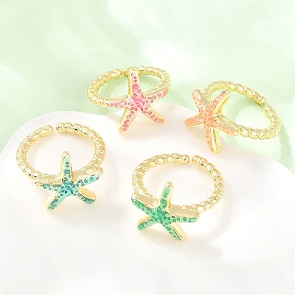 Brass Enamel Cuff Open Rings, Starfish, Rack Plating, Long-Lasting Plated, Real 18K Gold Plated, Lead Free & Cadmium Free