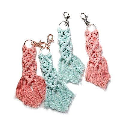 Macrame Cotton Cord Woven Tassel Pendant Keychain, with Swivel Clasp