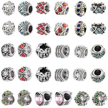 Старинное серебро покрытием сплава европейских бисер, бусины с большим отверстием, со стразами, разнообразные